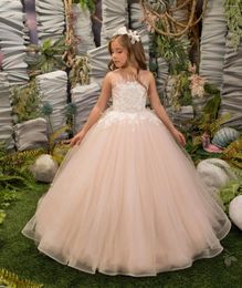 Girl Dresses Sheer Neck Princess Flower Dress Wedding Party Kid Gown Tulle Lace Girls First Communion Pageant