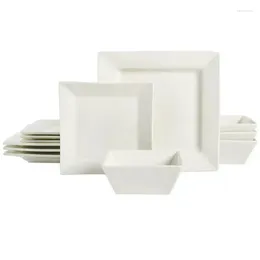 Dinnerware Sets Hard Square 12 Piece Fine Ceramic Set In White Chopsticks Kitchen Cutlery Spoon And Butter Dish Silver