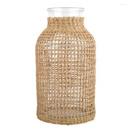Vases Flower Wicker Vase Glass Desktop Rattan Woven Basket Pot Seagrass Decorative