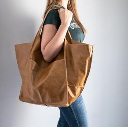 Factory sales shoulder bags 10 Colours European retro simple large capacity Tote bag street personality splicing Joker handbags folding soft leather handbag 5838#