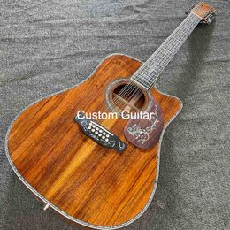 Custom Solid Koa Wood 12 strings Real Abalone Cutaway Acoustic Electric Guitar with Ebony Fingerboard, Double electronic, life tree inlay, Customised logo accept OEM