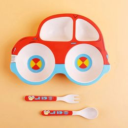 Cups Dishes Utensils Bamboo Fiber Children's Cartoon Car Shape Cutlery Set Plate Baby Split Tableware 231024