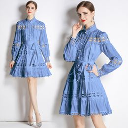 Puff Sleeve Mini Dress Women Designer Blue Stand Collar Lace Up Bow Elegant Fit Birthday Dresses 2023 Autumn Winter Go Out Vacation Slim Runway Party Frocks