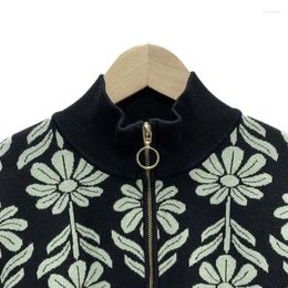 Women's Sweaters Women Pullover Spring Autumn Long Sleeve Stand Collar Floral Print Zipper Elegant High Street Chic Stunning Fashion Casual