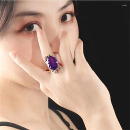 Cluster Rings Genuine 14K Gold Ring For Women Fine Natural Amethyst Jewelry Wedding Bands Anel Jewellry Yellow