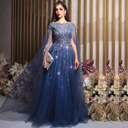 Beading A Line Evening Dresses Slit Sleeve Sequin Celebrity Gown Floor Length Arabic Dubai Womens Vestidos Gala Novia