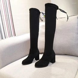 Boots Faux Suede Female Heels Autumn Zipper Elastic Knee-high For Women Tube Lace-up Thigh Gigh Black Botas Mujer 2023