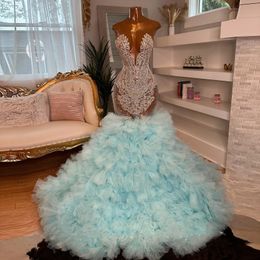Luxury Light Blue Mermaid Prom Dresses For Black Girls Beads Birthday Party Evening Dress Celebrity Gowns Vestidos De Gala