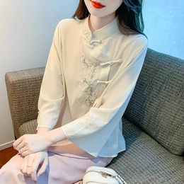 Women's Blouses Chinese Style Elegant Embroidered Blouse Women Irregular Chiffon Loose Shirt 2023 Autumn Clothes Stand Collar Three-quarter