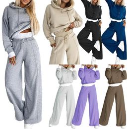 Women's Two Piece Pants Korean Sweatshirts Sets Women Hoodies Full Sleeve Coats Tops Splice Loose Wide Leg Long Set Lace Up Autumn