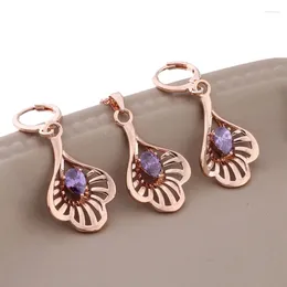 Necklace Earrings Set Shiny Purple Natural Zircon Drop For Women 585 Rose Gold Color Wedding Vintage