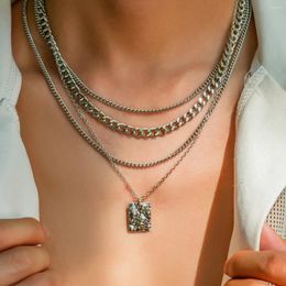 Pendant Necklaces KunJoe 4pcs/set Simple Geometric Square Necklace For Men Punk Silver Color Rock Curb Cuban Link Choker Hip Hop Jewelry
