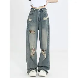 Women's Jeans Vintage Baggy Ripped Women Fashion Wide Leg High Waist Straight Pants Hip Blue Denim Mom Jean Casual Streetwear Trousers