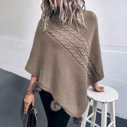 Women's Cape Leisure Faux Fur Balls Knitted Poncho Oversized Pullover Solid Cape Shawls for Women Loose Sweater Winter Shawl Autumn Knitwear 231023