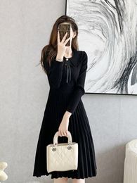 Casual Dresses Black Knitted Dress Women Long Sleeve Autumn Spring Mid Pleated Knitwear Bowknot Collar High Waist Slim Fit OL Es