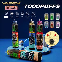 Original VAPEN Tornado 7000 puff Disposable Vape Pen 7k Electronic Cigarettes 15ml Pod Mesh Coil 6 Glowing Colours Rechargeable Air-adjustable 0% 2% 3% 5% e cigarette