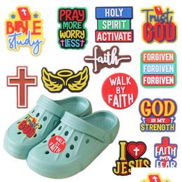 Shoe Parts Accessories Wholesale 100Pcs Pvc Trust God Walk By Faith Pray More Worry Less Garden Buckle For Adt Bracelet Charms But Dhqpv