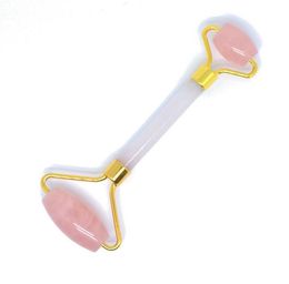 Natural Tumbled Jade Roller Chakra Rose Quartz Crystal Healing Gua Sha Beauty Roller Facial Massager Stick with Alloy Gold-Plated