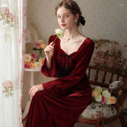 Women's Sleepwear Long Velvet Pajama Dress 2023 Autumn And Winter Retro Ladies Nightdress Square Collar Elegant Women Warm Home Wear FG612