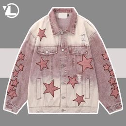 Men's Jackets Mens Hip-hop Washed Denim Jacket Patch Star Embroidery Women Coat Unisex Bomber Pink Cowboy Outwear Spring Autumn Street Jackets 231023