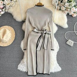 Casual Dresses Korean Chic Bodycon Sweater Dress Bow Sashed Contrast Color Stand Collar Slim Midi Length Fall Winter Bottoming Knitted