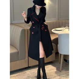Women's Trench Coats 2023 Autumn/winter New Fashion This Year's Popular European Brands Full Opening Black Mid Length Double Breasted Coat
