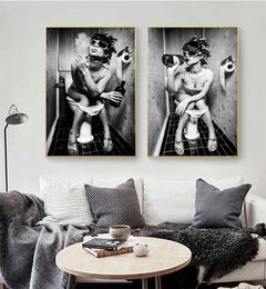 Modern Toilet Sexy Woman Poster Wall Art Bar Girl Smoking and Drinking In Restroom Canvas Prints Painting Picture for Home Decor8972149