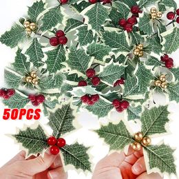 Decorative Flowers Wreaths 50 5Pcs Christmas Holly Leaves Artificial Red Berries Flower DIY Wreath Ornaments For Home Xmas Year Decorations 231023