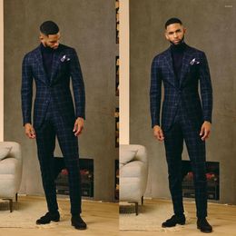 Men's Suits Navy Plaid Men Suit Tailor-Made 2 Pieces Blazer Pants Single Breasted Wide Lapel Tuxedos Business Wedding Groom Prom Tailored