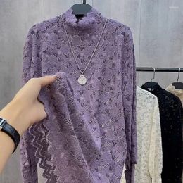 Women's Blouses Basic Solid Colour Blouse Stylish Lace Hollow Out Clothing Long Sleeve Spring Autumn Casual Turtleneck Straight Shirt