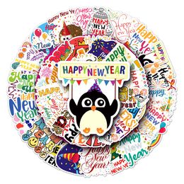 50pcs happy new year festive cartoon graffiti creative decoration PVC laptop personality guitar stickers