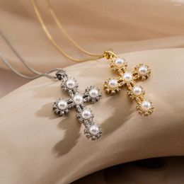 Pendant Necklaces Mafisar Classic Design Cross Pendants CZ Zircon Pearl Inlay Christian Jewellery For Women Men Stainless Steel