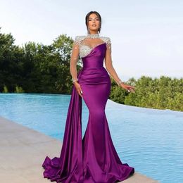 Роскошное фиолетовое вечернее платье для выпускного вечера для женщин 2024 с высоким воротом и хрустальными бусами, длинными рукавами с иллюзией и драпированным шлейфом, элегантные вечерние платья Vestidos De Gala