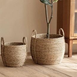 Vases Natural Flower Basket Straw With Handle Handmade Woven Planter Laundry For Strong Load-bearing Decorative