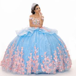 Mexico Sky Blue Off The Shoulder Ball Gown Quinceanera Dresses For Girls Beaded Pink Appliques Flower Party Gowns Pleats Sweet 16 15