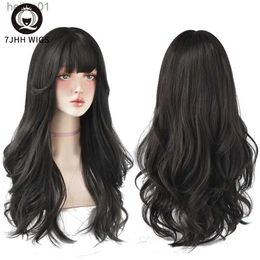 Synthetic Wigs 7JHH WIGS Popular Brown Ash Long Deep Wave Hair Lolita Wigs With Bangs Synthetic Wig For Women Fashion Thick Curls Wigs GirlL231024