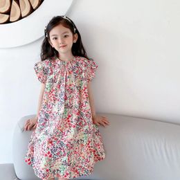 Girl Dresses Baby Girls Dress Small Flying Sleeves Hand-painted Floral Print Cotton Clothes