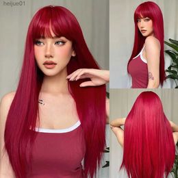 Synthetic Wigs Light Wine Red Synthetic Wigs With Bangs for Women Long Straight Hair Wig Natural Cosplay Party Heat ResistantL231024