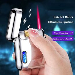 Lighters New Creative LED Luminous Visible Transom Rechargeable Windproof Inflatable Lighter Roller Ignition Red Flame Men's Gift