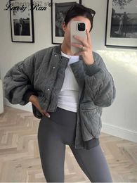 Women's Jackets Loose Women's Bomber Jacket Grey Long Sleeve O-neck Short Jackets Female 2023 Autumn Winter Fashion Button Pocket Ladies Coats T231024