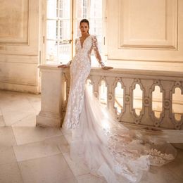 Abito da sposa romantico con illusione sexy con corpetto a sirena, abito da ospite a maniche lunghe, per sposa, elegante abito da sposa in pizzo