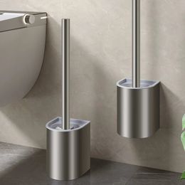 Toilet Brushes Holders Space Aluminum Toilet Brush Holder Wall Mounted Without Drilling Vertical Bathroom Cleaning Tools Gray Bathroom Accessories 231024