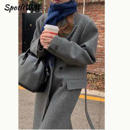 Frauen Wollmischungen 2023 Herbst Winter Koreanische Mantel Mode Lose Kerb Warme Lange Jacken Weibliche Elegante Verdicken Solide Straße Mantel 231023