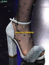 Sandals Fur Block Heel Women Ankle Strap Open Toe Blue Black Square High Fashion Summer Shoes Buckle Arrival Shoe