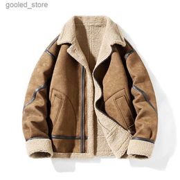 Men's Down Parkas Thick Suede Leather Fleece Jacket Men Windproof High Quality Autumn Winter Warm Outwear Turn-Down Collar Patchwork Casual Coat Q231024