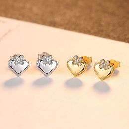 Korean Sweet Heart Plated 18k Gold Stud Earrings Women Micro Inlaid Zircon S925 Silver Earrings Jewelry for Women Wedding Party Valentine's Day Anniversary Gift SPC