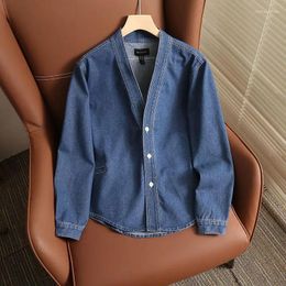 Men's Jackets Spring Autumn Dark Blue V-neck Denim Fashion Loose Casual High Street Jacket Men Tops Overcoat Male Clothes