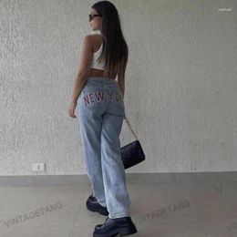 Women's Pants Jeans Light Blue Slimming High Waist Straight Casual American Spring Autumn Retro Fashion Washed Cotton Letter Printing