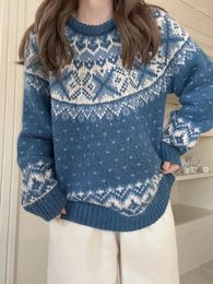 Women's Sweaters Vintage Women 2023 Winter Raglan Sleeve Loose Christmas Sweater Warm Knitted Pullovers Blue
