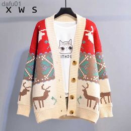 Women's Sweaters 2023 autumn Women Fashion Korean Sweater Jackets DEER Christmas Long Knit Coat Oversized Knit Sweater and Cardigans FemmeL231024